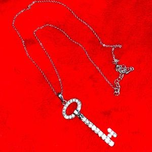 Pretty Key Jeweled Pave Statement Charm Necklace Silvertone with Lobster Clasp